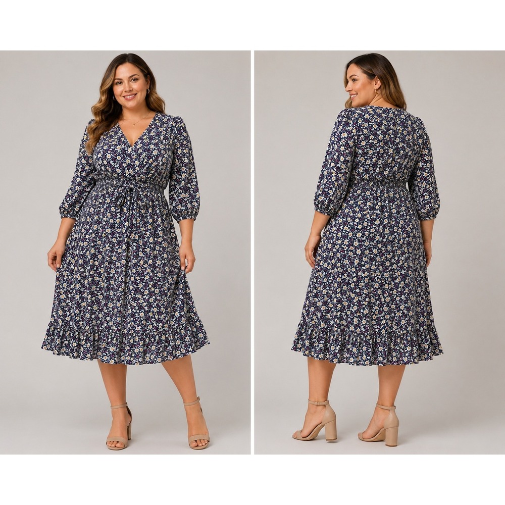 Indigo Rose Petite Floral V-Neck Fit and‎ Flare Dress Navy Blue PXL NWT